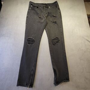 Boohoo Man Mens 32x30 Black Straight Leg Distressed Denim Button Fly